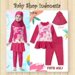 W088 Baju Renang Anak Perempuan Lengan Panjang Baju Renang Anak Muslim Kerudung Pink Pony  large